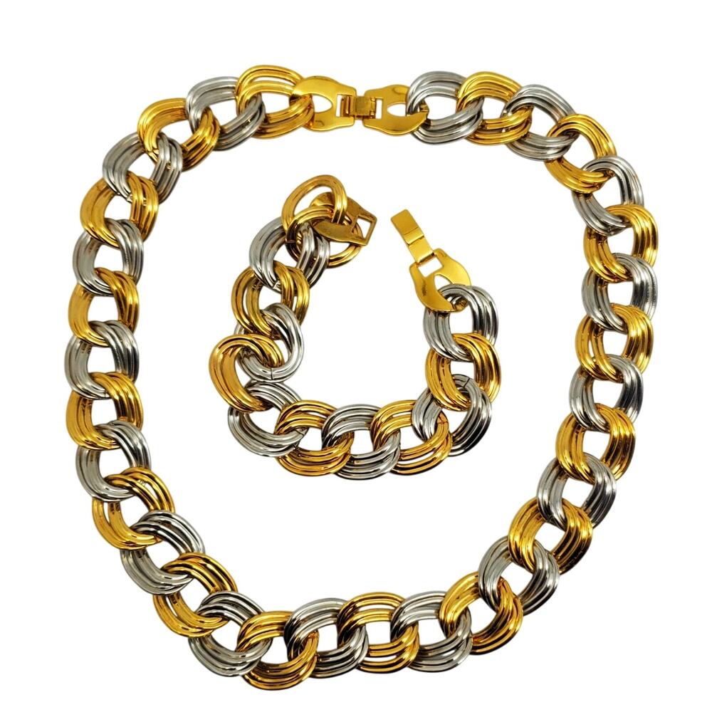 Double Curb Chain Necklace Bracelet Gold & Silver Tone Chunky Bold Statement Vtg